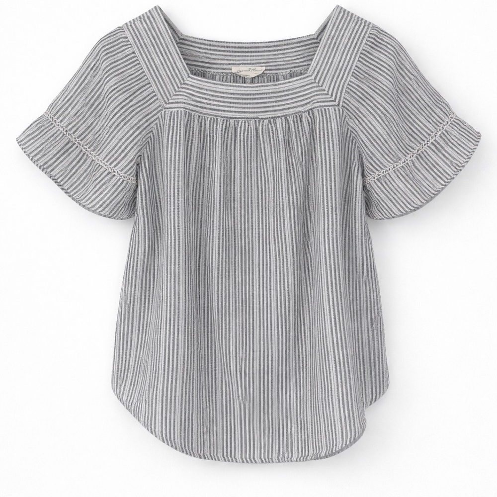 Universal Thread Striped Square Neck Blouse Gray White Short Sleeve Size M